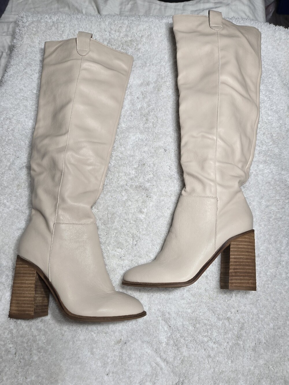 Oasis Society Cream Color Over The Knee Faux Leather Boots Sz 6 Pull On Style